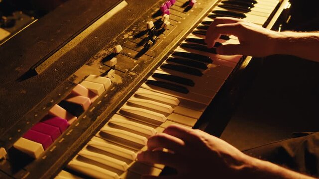 Playing piano vintage retro synthesizer. Close up of man hands playing jazz on the piano. Fingers on the piano, vintage colors. A very close look at a jazz pianist hands. Man playing the piano, close