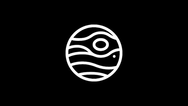 Stylized white line art icon of Jupiter with Great Red Spot on black background