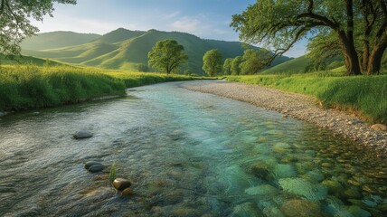 Naklejka premium serene river flowing through green landscape with mountains