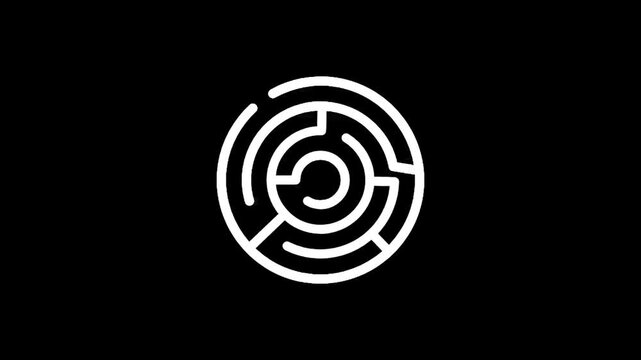 Minimalist white circular maze graphic on a stark black background