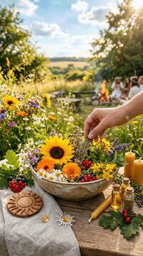 Hand adding aromatic herb to a rustic bowl of wildflower, ripe berry, green leaf, celebrating summer solstice, litha, midsummer festivity, june 21, with ritual object, wax candle.