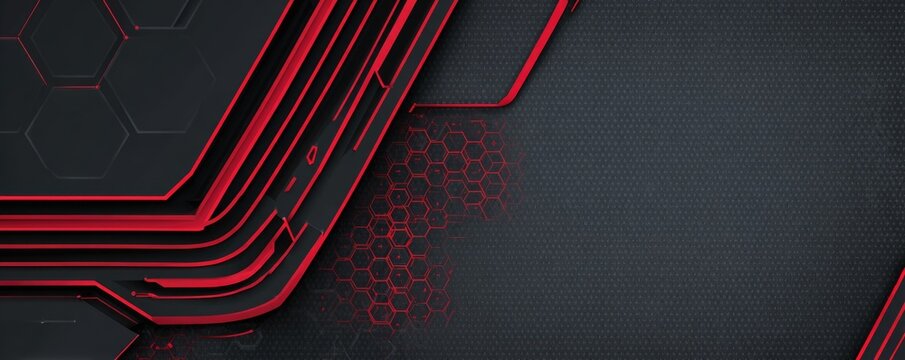 Abstract background design with red lines and hexagonal patterns on dark gray surface
