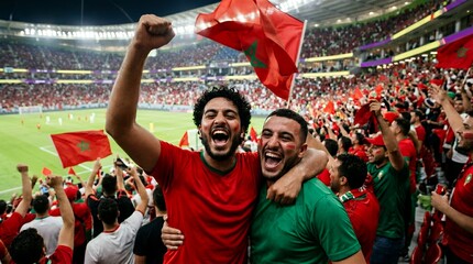 Fototapeta premium Moroccan fans cheering with flags at stadium
