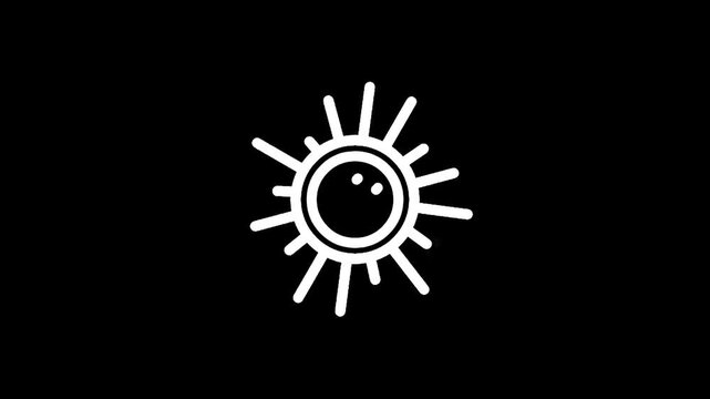 Minimalist white sun icon with rays on a stark black background, representing energy and light