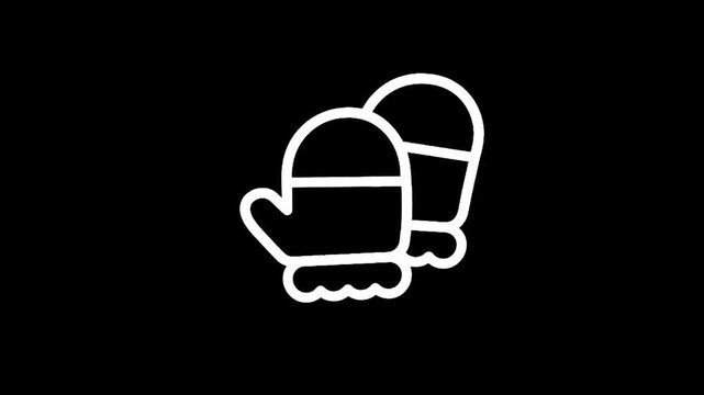 Simple white outline icon of two mittens on a black background