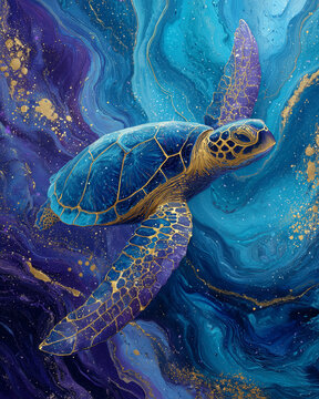 Sea turtle abstract fluid art in blue purple and gold colors representing luxury ocean decor
