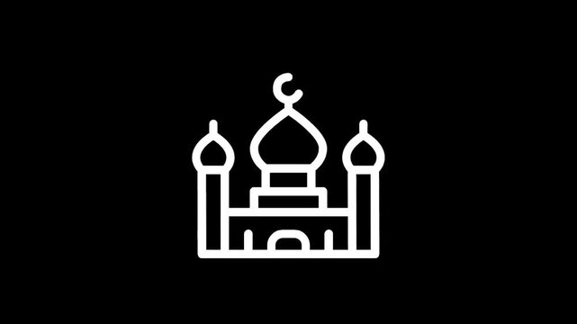 Simple white line art icon of a mosque with domes and minarets on a black background