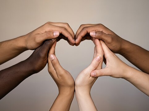 Close-up of multiracial hands creating a heart symbol, representing unity and teamwork.