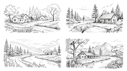 Fototapeta premium Rustic cabins in a serene winter forest landscape illustration