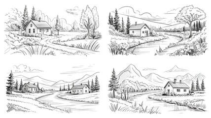 Fototapeta premium Rustic countryside houses with trees and rolling hills