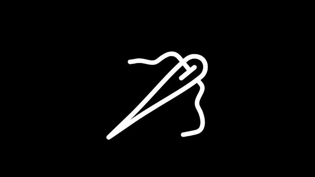 Simple white needle and thread icon on a black background, minimalist design