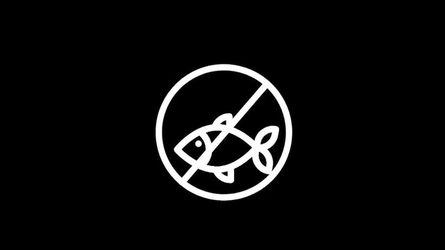 Simple white line icon of a fish with a prohibition sign on a black background