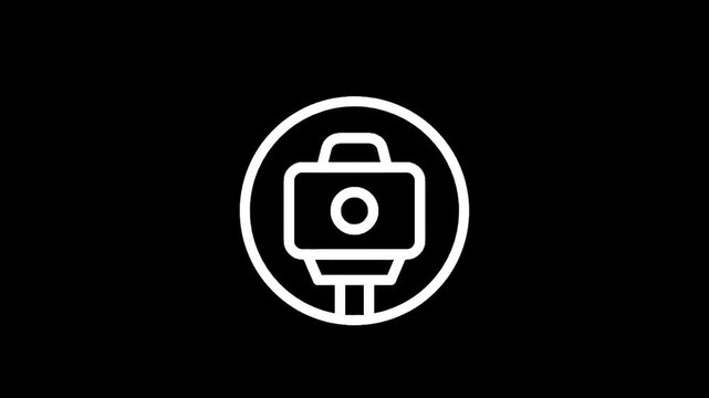 Minimalist white camera icon on a black background, representing photography and technology