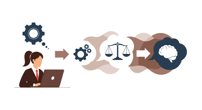 A vector illustration shows a businesswoman at her laptop, with a thought process flowing from gears to scales of justice and finally to a brain icon.