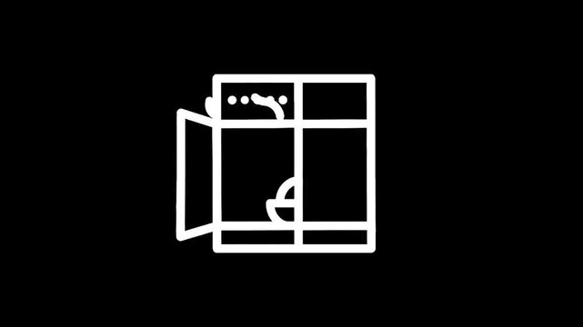 Simple white line icon of an open dishwasher with dishes inside on a black background