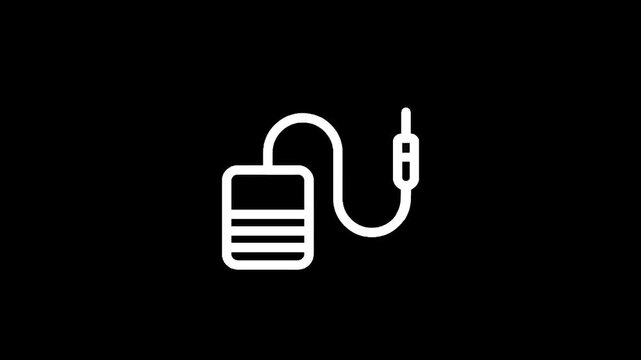 Simple white line art icon of a guitar effect pedal with a cable and plug