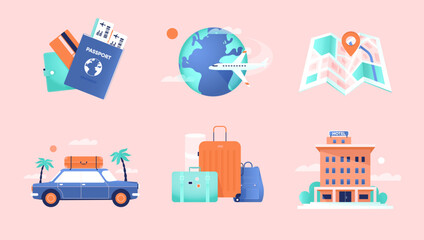 International travel, tourism, summer vacation. Set of illustrations with a collection of essential travel elements for journey. Holiday trip, vacation planning concept. Modern isolated flat vector © everything bagel