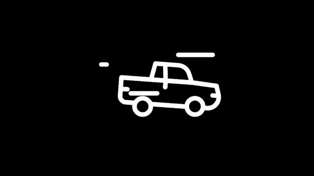 Simple white line art icon of a pickup truck in motion on a black background