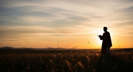 Obraz premium Hiker Holding Phone at Sunset in Open Field