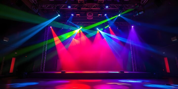 Empty nightclub stage with dynamic colored spotlights and beams lighting performance entertainment clubbing background celebration colorful electric flashing headliner illumination