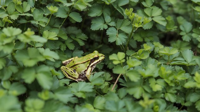 Green frog sitting on mossy leaves in nature