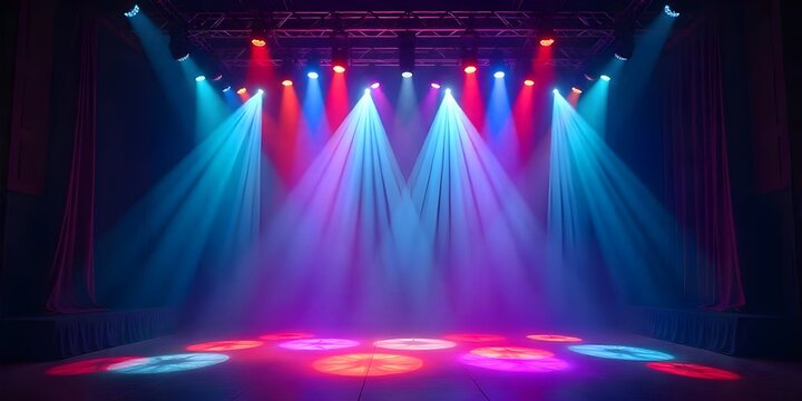 Empty theater stage with red and blue spotlights illuminating smoke lighting performance entertainment clubbing background celebration colorful electric flashing headliner illumination