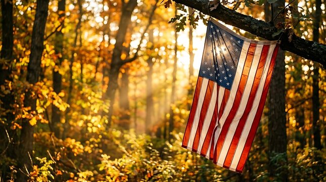 American flag hanging from a tree branch in a golden autumn forest with sunbeams filtering through the leaves