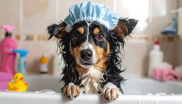 Wet Tricolor Dog Wearing Shower Cap During Bath Time.