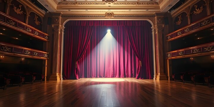 Single spotlight illuminates empty theater stage with red curtains performance space event venue stage lighting performance area theater interior spotlight lighting performance auditorium