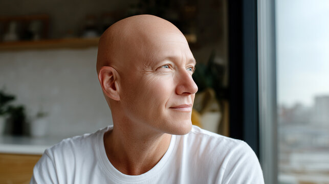 Optimistic bald man in white tee looking through window with gentle smile at home. Cancer recovery, chemotherapy alopecia acceptance, hope resilience and positive healing lifestyle.