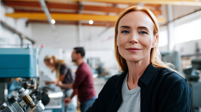 Confident redhead female engineer smiling in industrial workshop with colleagues working in background, representing gender equality, women empowerment in technical profession and inclusive workplace.