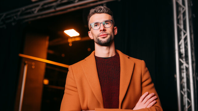 Confident male speaker wearing orange coat and glasses standing backstage with arms crossed before presentation, representing public speaking, leadership, business conference and professional training