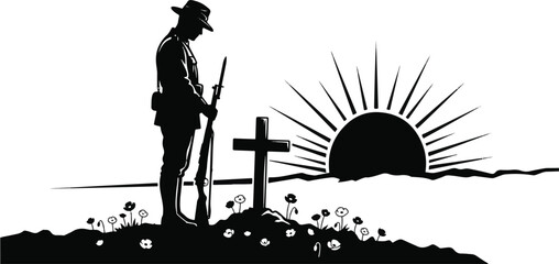 Fototapeta premium Remembrance Day vector illustration with soldier, poppy flowers and rising sun silhouette.