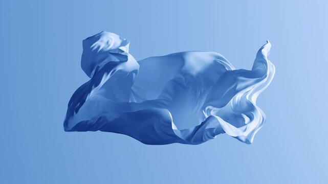 Minimalist 3d animation, motion design. Abstract animated blue drapery. Delicate fabric waving, isolated on plain background, sway in turbulent air currents, twisting and floating in the wind