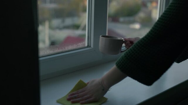 Clumsy woman accidentally spills drink twice on window ledge and gives up