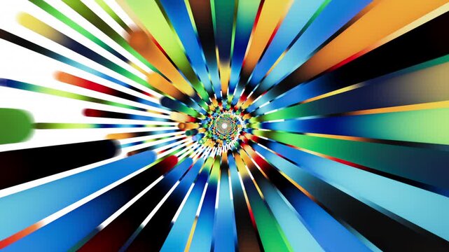 The camera flies through a tunnel of blue, red, and yellow stripes. This fast kaleidoscope animation has a very classic retro tech look. 3D render motion.