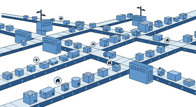 A sprawling logistics network of interconnected blue conveyor belts transporting numerous cubical boxes across a digital layout representing a global supply chain system.