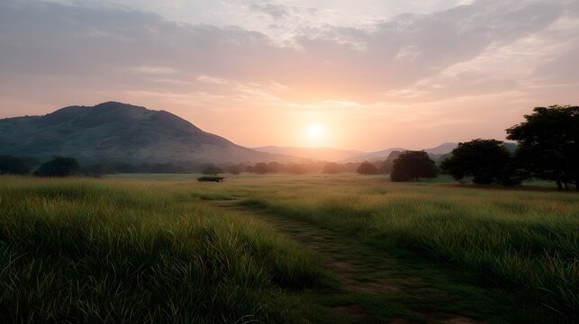 A peaceful path winds through a lush green meadow at sunrise framed by rolling hills under a soft colorful sky