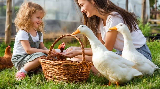 Little Girl with Fluffy White Ducks in Field