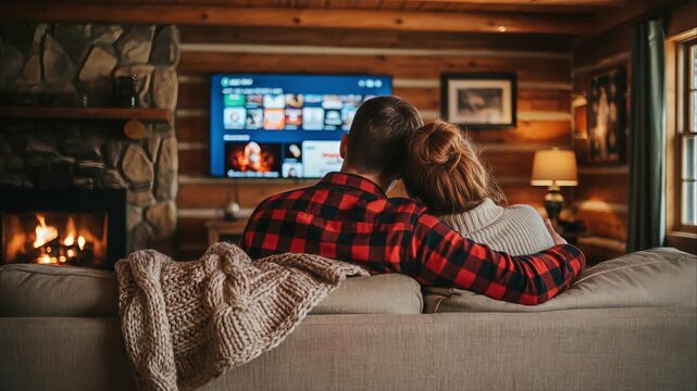 Couple enjoying a warm and cozy evening at home, relaxing together on the couch watching TV by the fireplace