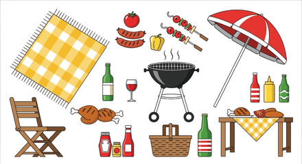 BBQ and Picnic Outdoor Summer Party Vector Icon Set