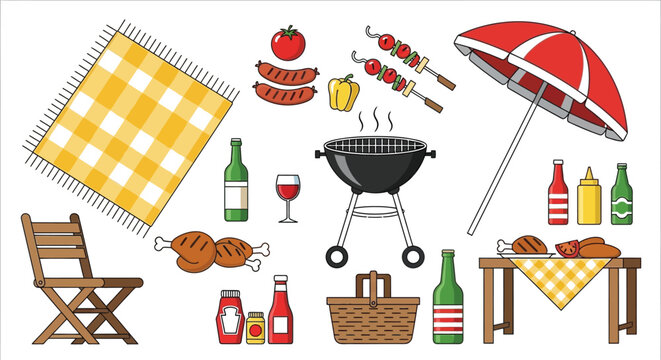 BBQ and Picnic Outdoor Summer Party Vector Icon Set