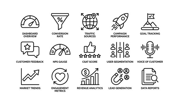 Marketing analytics icons illustrating performance and metrics