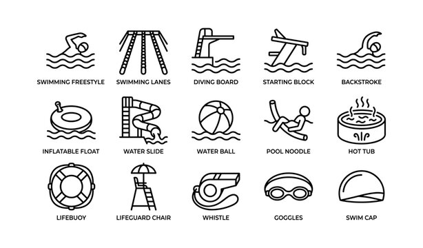 Swimming and pool icons showing activities and equipment in grid