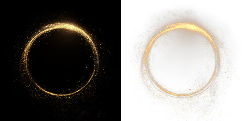 Gold dust ring isolated on transparent and black background, showing particles in a circular shape at different levels of density, light overlay, PNG © tanandaa
