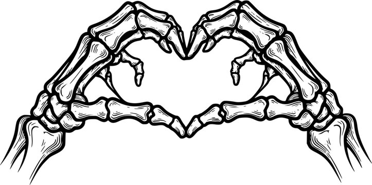 Skeleton hands howing heart shape. T-shirt print for Horror or Halloween. Hand drawing illustration isolated on white background. Vector