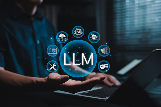 LLM large language model concept. LLM interface with chat, translation, code, automation, application, and big data icons, intelligent language processing, machine learning, AI tools, development app,