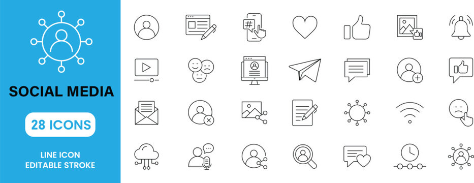 Social Media Line Icons Set Network Communication Online Marketing Outline Icons Collection UI UX Web App Editable Stroke