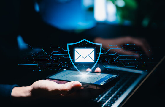 Secure email protection and message security concept. Person holding smartphone with shield and envelope icon. encrypted communication, inbox privacy, cyber defense, secure messaging, data protection