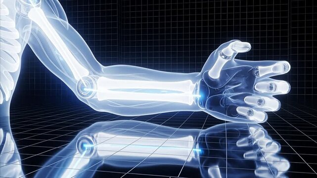 Advanced X-ray visualization of human anatomy, depicting glowing bones in the forearm and hand with technological precision